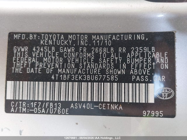 Продаж на аукціоні авто 2011 Toyota Camry Se/le/xle, vin: 4T1BF3EK3BU677585, номер лоту: 12670661