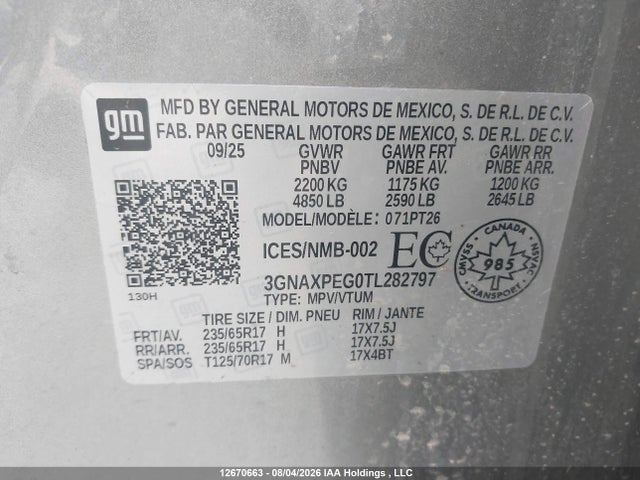 12670663 :رقم المزاد ، 3GNAXPEG0TL282797 vin ، 2026 Chevrolet Equinox Lt مزاد بيع