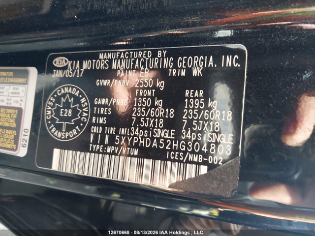 2017 Kia Sorento 3.3l Ex/3.3l Ex+ მანქანა იყიდება აუქციონზე, vin: 5XYPHDA52HG304803, აუქციონის ნომერი: 12670668