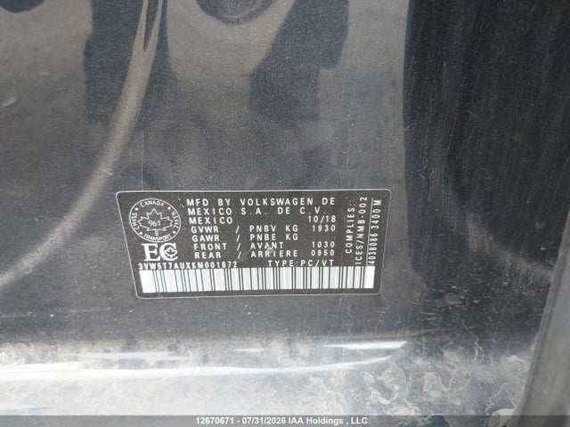 12670671 :رقم المزاد ، 3VW5T7AUXKM001872 vin ، 2019 Volkswagen Golf Gti 5-door/5-door Autobahn/5-door Rabbit مزاد بيع
