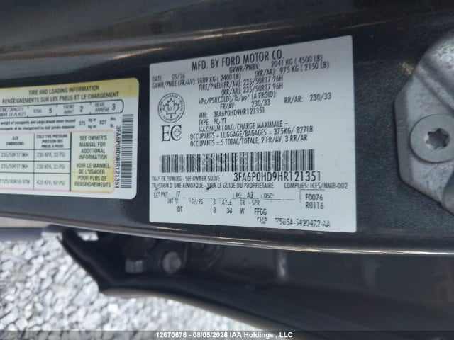 Продажа на аукционе авто 2017 Ford Fusion Se, vin: 3FA6P0HD9HR121351, номер лота: 12670676