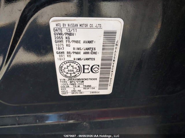 12670687 :رقم المزاد ، JN8AS5MV8CW379305 vin ، 2012 Nissan Rogue مزاد بيع