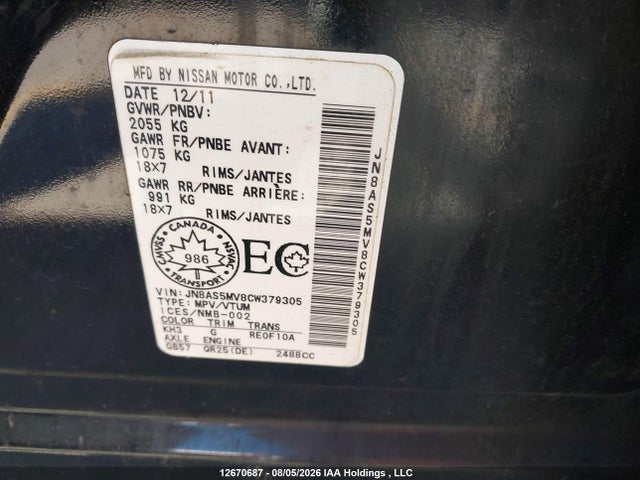 12670687 :رقم المزاد ، JN8AS5MV8CW379305 vin ، 2012 Nissan Rogue مزاد بيع
