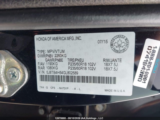 Aukcja sprzedaży 2016 Acura Rdx Technology, vin: 5J8TB4H54GL802589, numer aukcji: 12670688