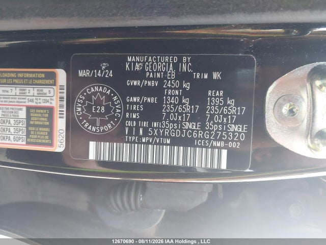 Aukcja sprzedaży 2024 Kia Sorento 2.5l Lx, vin: 5XYRGDJC6RG275320, numer aukcji: 12670690