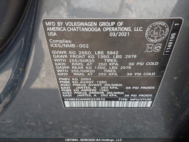 12670694 :رقم المزاد ، 1V2BE2CA0MC223572 vin ، 2021 Volkswagen Atlas Cross Sport Sel مزاد بيع