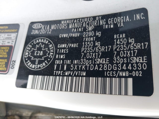 Продажа на аукционе авто 2013 Kia Sorento Lx, vin: 5XYKTDA28DG344330, номер лота: 12670701