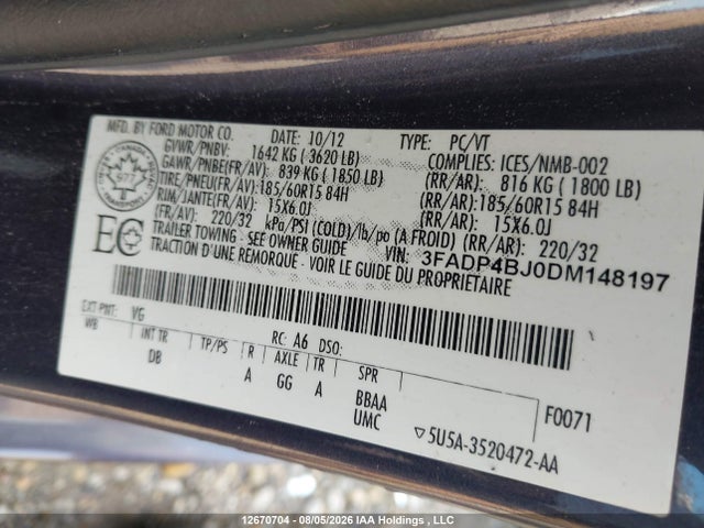 12670704 :رقم المزاد ، 3FADP4BJ0DM148197 vin ، 2013 Ford Fiesta Se مزاد بيع