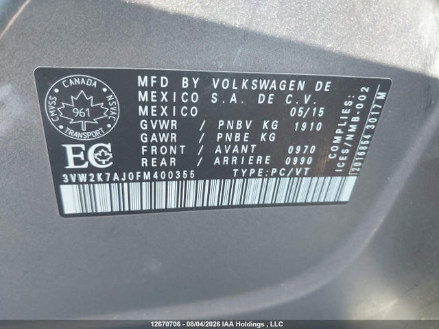 Volkswagen Jetta 2015 3VW2K7AJ0FM400355 Image 9