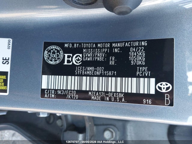 Aukcja sprzedaży 2022 Toyota Corolla Se, vin: 5YFB4MBE0NP115871, numer aukcji: 12670707