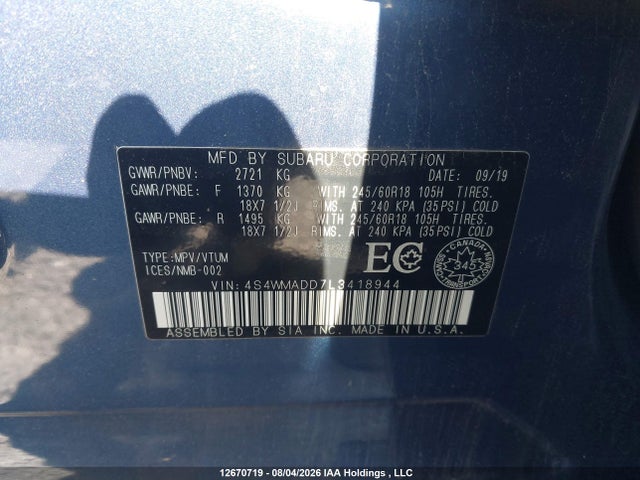 Aukcja sprzedaży 2020 Subaru Ascent Touring, vin: 4S4WMADD7L3418944, numer aukcji: 12670719