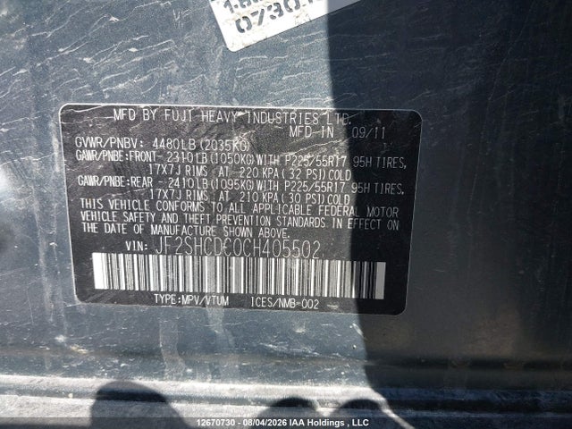 12670730 :رقم المزاد ، JF2SHCDC0CH405502 vin ، 2012 Subaru Forester 2.5x Premium مزاد بيع