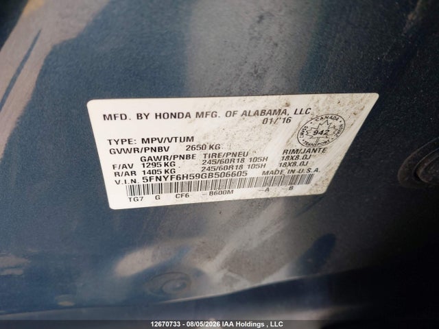 Honda PILOT EXL 2016 5FNYF6H59GB506605 Image 19