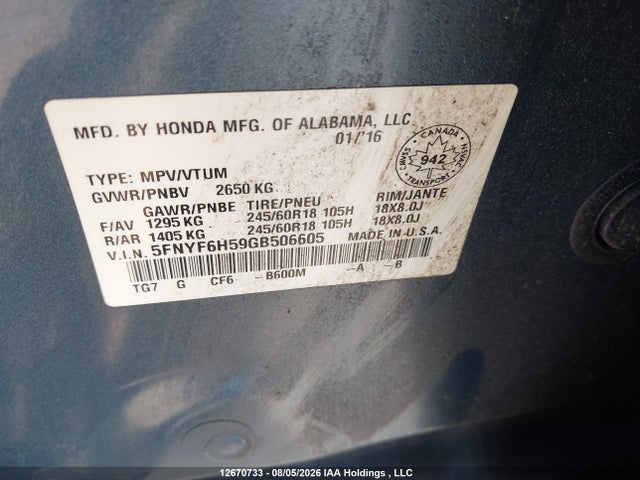 Honda PILOT EXL 2016 5FNYF6H59GB506605 Image 9