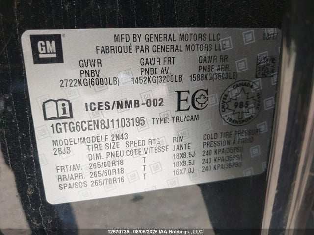 12670735 :رقم المزاد ، 1GTG6CEN8J1103195 vin ، 2018 Gmc Canyon Sle مزاد بيع