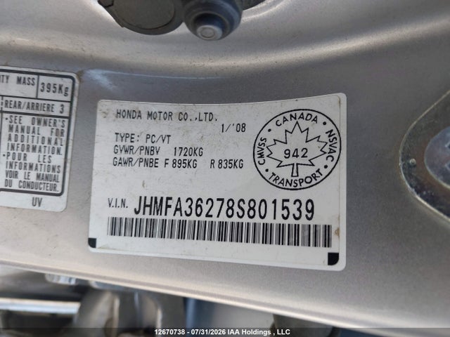 Продажа на аукционе авто 2008 Honda Civic Hybrid, vin: JHMFA36278S801539, номер лота: 12670738