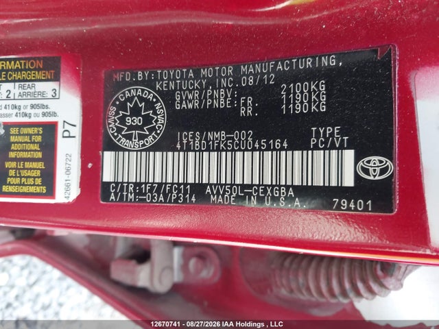 12670741 :رقم المزاد ، 4T1BD1FK5CU045164 vin ، 2012 Toyota Camry Hybrid Xle مزاد بيع