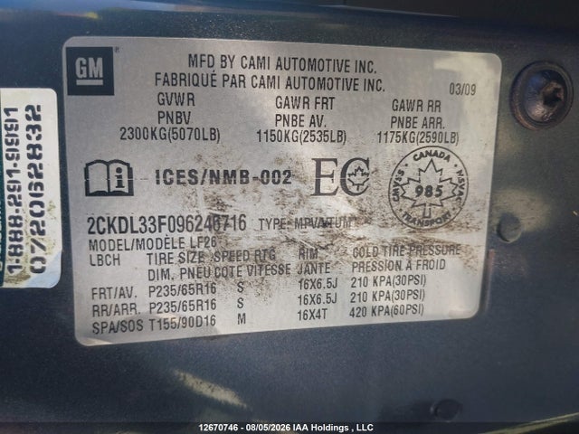 12670746 :رقم المزاد ، 2CKDL33F096246716 vin ، 2009 Pontiac Torrent Gt مزاد بيع