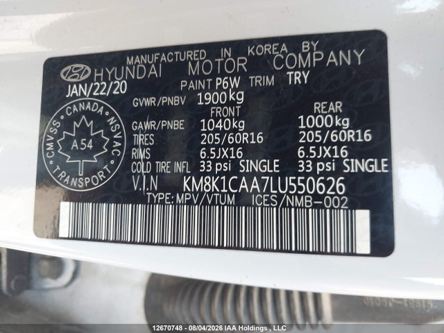 12670748 :رقم المزاد ، KM8K1CAA7LU550626 vin ، 2020 Hyundai Kona Se مزاد بيع