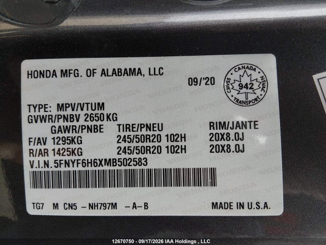 5FNYF6H6XMB502583 Honda Pilot Touring