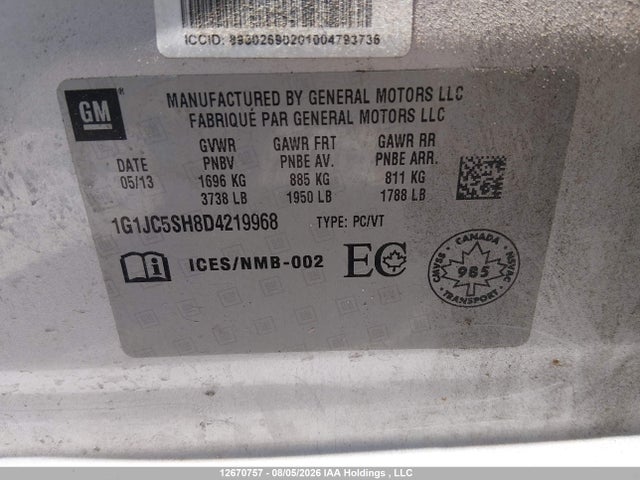 2013 Chevrolet Sonic Lt მანქანა იყიდება აუქციონზე, vin: 1G1JC5SH8D4219968, აუქციონის ნომერი: 12670757