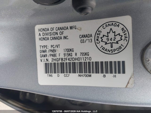 Продажа на аукционе авто 2013 Honda Civic, vin: 2HGFB2F42DH011210, номер лота: 12670758