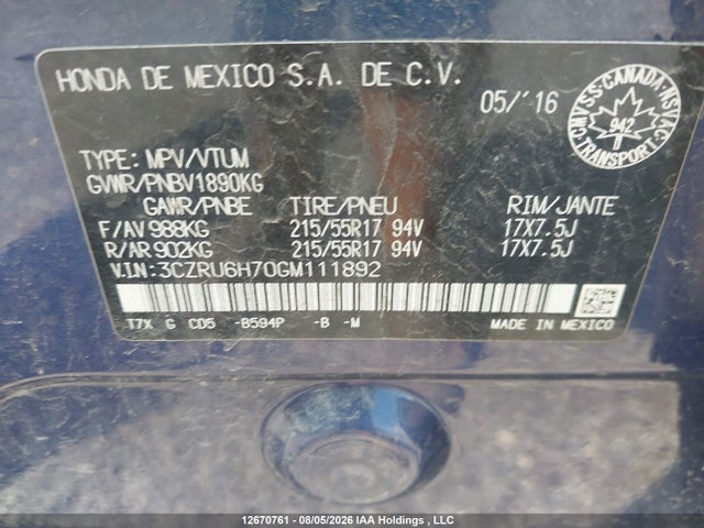 3CZRU6H70GM111892 Honda Hr-v Ex-l