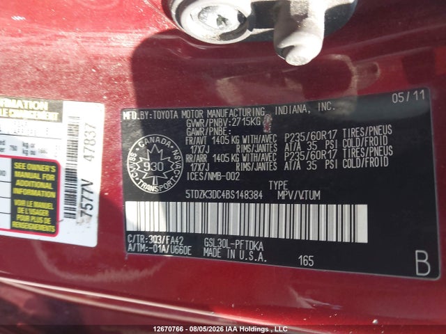 Aukcja sprzedaży 2011 Toyota Sienna, vin: 5TDZK3DC4BS148384, numer aukcji: 12670766