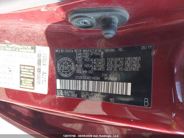Aukcja sprzedaży 2011 Toyota Sienna, vin: 5TDZK3DC4BS148384, numer aukcji: 12670766