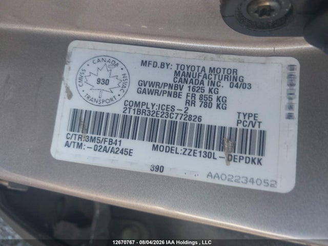12670767 :رقم المزاد ، 2T1BR32E23C772826 vin ، 2003 Toyota Corolla Ce/le/s مزاد بيع