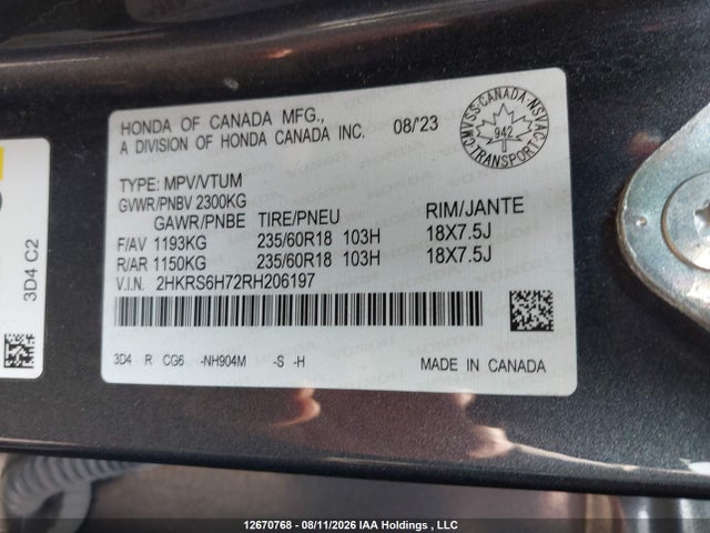 2HKRS6H72RH206197 Honda Cr-v Ex-l Hybrid