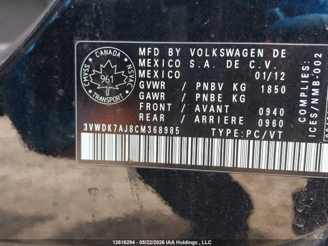 Продажа на аукционе авто 2012 Volkswagen Jetta 2.0l Comfortline, vin: 3VWDK7AJ8CM368985, номер лота: 12616294
