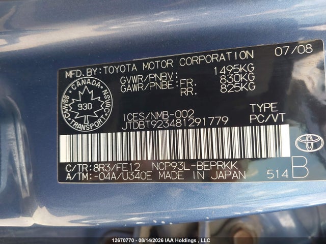 2008 Toyota Yaris მანქანა იყიდება აუქციონზე, vin: JTDBT923481291779, აუქციონის ნომერი: 12670770
