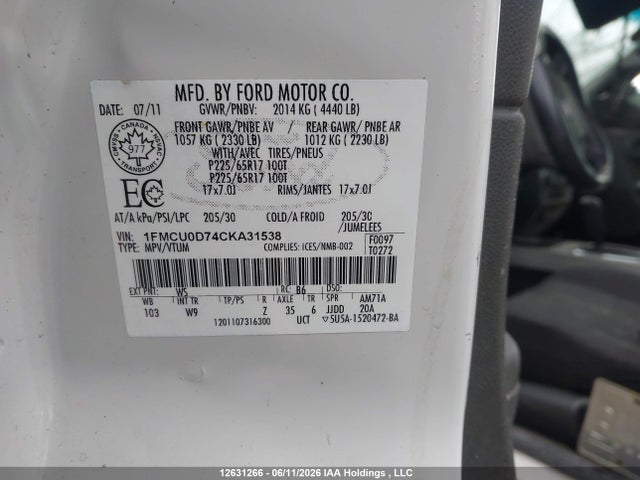 2012 Ford Escape Xlt მანქანა იყიდება აუქციონზე, vin: 1FMCU0D74CKA31538, აუქციონის ნომერი: 12631266