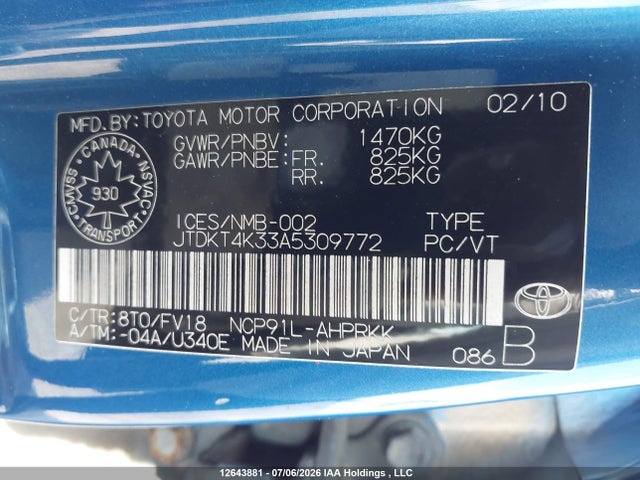 12643881 :رقم المزاد ، JTDKT4K33A5309772 vin ، 2010 Toyota Yaris Rs مزاد بيع