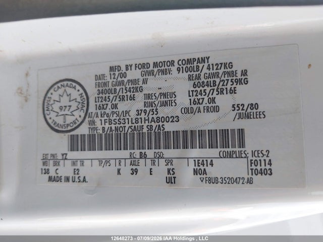 Продажа на аукционе авто 2001 Ford E-350 Super Duty Xl/xlt, vin: 1FBSS31L81HA80023, номер лота: 12648273