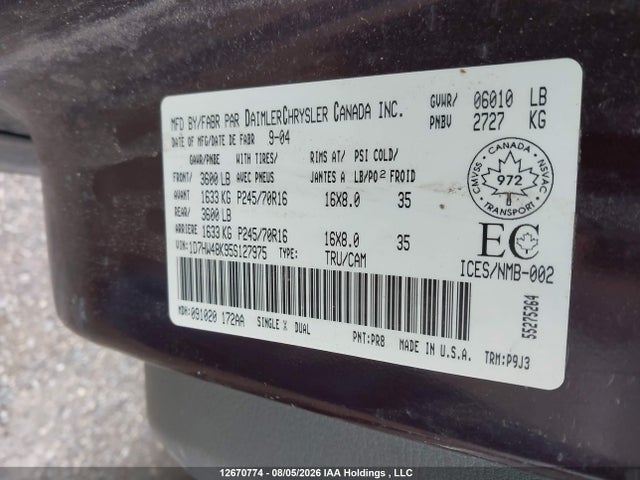 12670774 :رقم المزاد ، 1D7HW48K95S127975 vin ، 2005 Dodge Dakota Quad Slt مزاد بيع