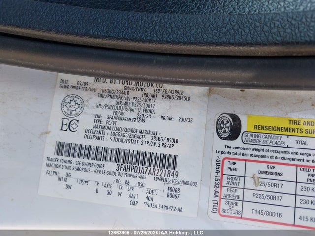 Aukcja sprzedaży 2010 Ford Fusion Sel, vin: 3FAHP0JA7AR221849, numer aukcji: 12663905