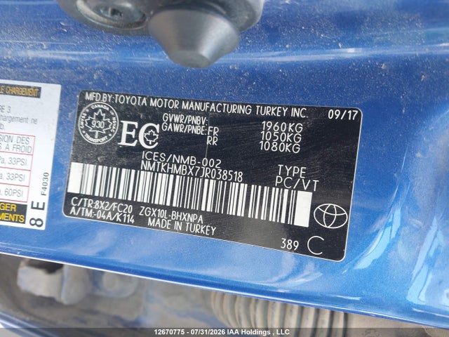 2018 Toyota C-hr Xle მანქანა იყიდება აუქციონზე, vin: NMTKHMBX7JR038518, აუქციონის ნომერი: 12670775