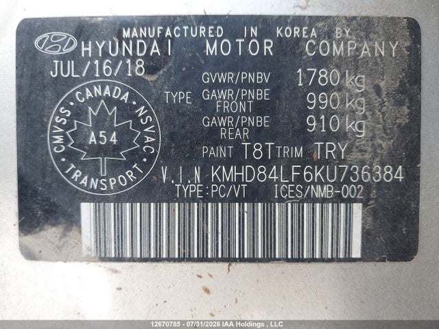 12670785 :رقم المزاد ، KMHD84LF6KU736384 vin ، 2019 Hyundai Elantra Preferred مزاد بيع