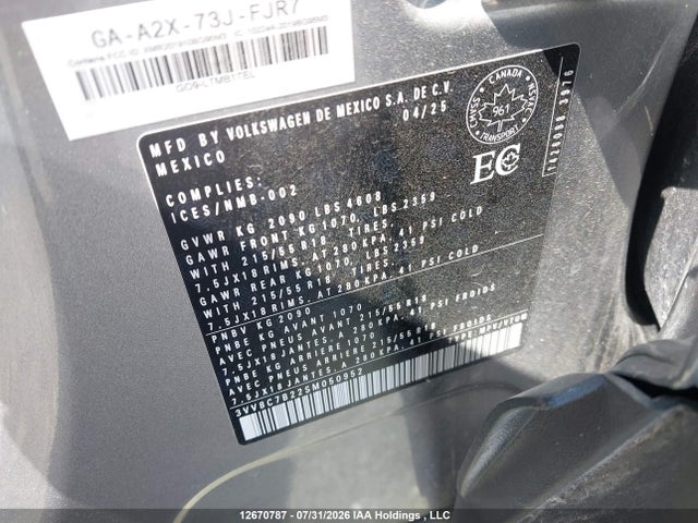 12670787 :رقم المزاد ، 3VV8C7B22SM050952 vin ، 2025 Volkswagen Taos S مزاد بيع