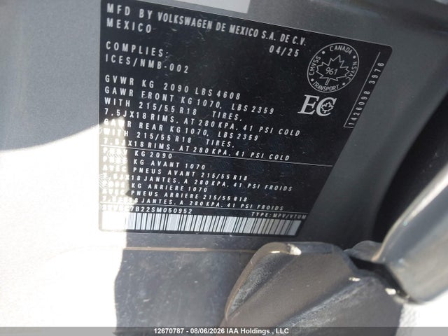 12670787 :رقم المزاد ، 3VV8C7B22SM050952 vin ، 2025 Volkswagen Taos S مزاد بيع