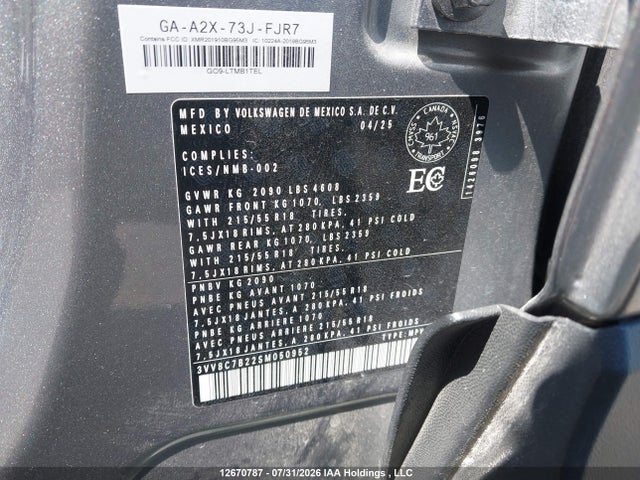 12670787 :رقم المزاد ، 3VV8C7B22SM050952 vin ، 2025 Volkswagen Taos S مزاد بيع