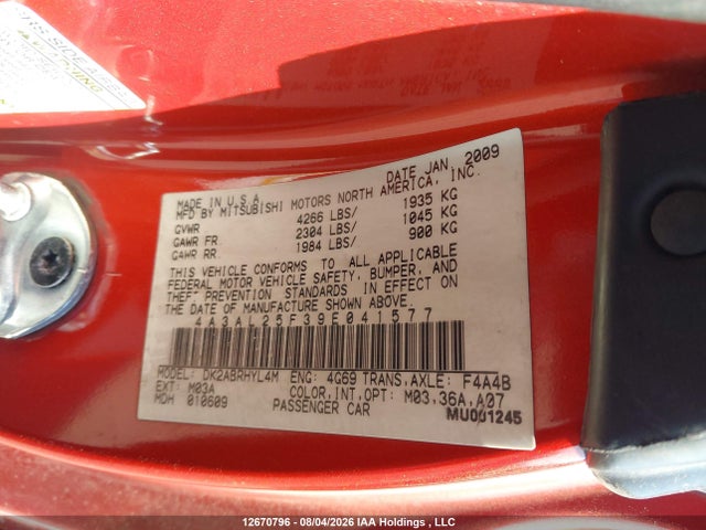 Продаж на аукціоні авто 2009 Mitsubishi Eclipse Spyder Gs, vin: 4A3AL25F39E041577, номер лоту: 12670796