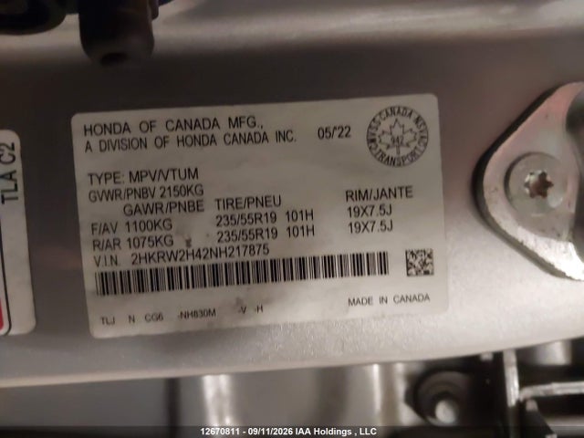 12670811 :رقم المزاد ، 2HKRW2H42NH217875 vin ، 2022 Honda Cr-v Sport مزاد بيع