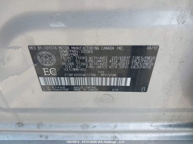 Продажа на аукционе авто 2012 Toyota Rav4, vin: 2T3BF4DV0CW211106, номер лота: 12670813