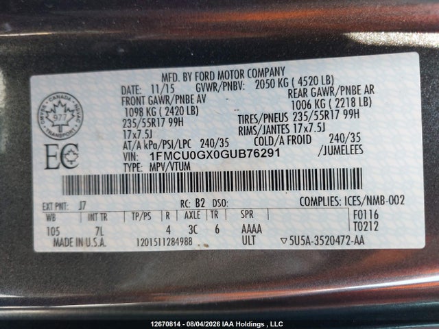 Ford ESCAPE SE 2016 1FMCU0GX0GUB76291 Image 9