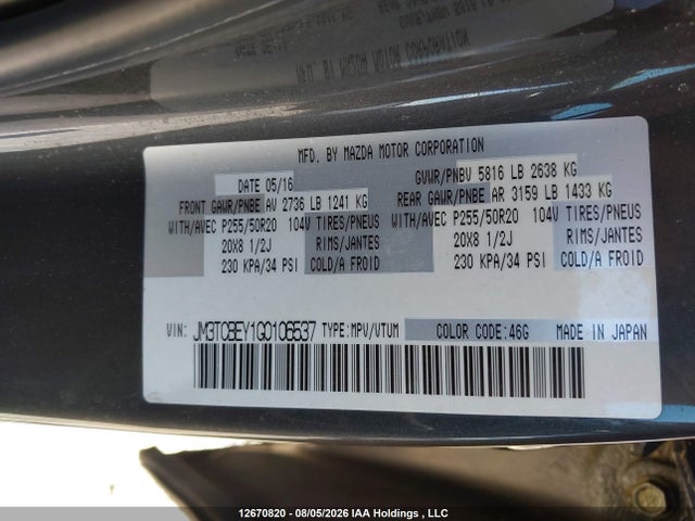 JM3TCBEY1G0106537 Mazda Cx-9 Signature