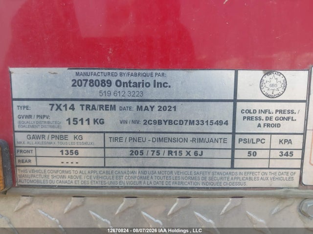 Продаж на аукціоні авто 2021 Canadian Trailer Company Stinger, vin: 2C9BYBCD7M3315494, номер лоту: 12670824