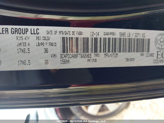 Aukcja sprzedaży 2015 Dodge Journey Cvp/se Plus, vin: 3C4PDCAB8FT602063, numer aukcji: 12670829